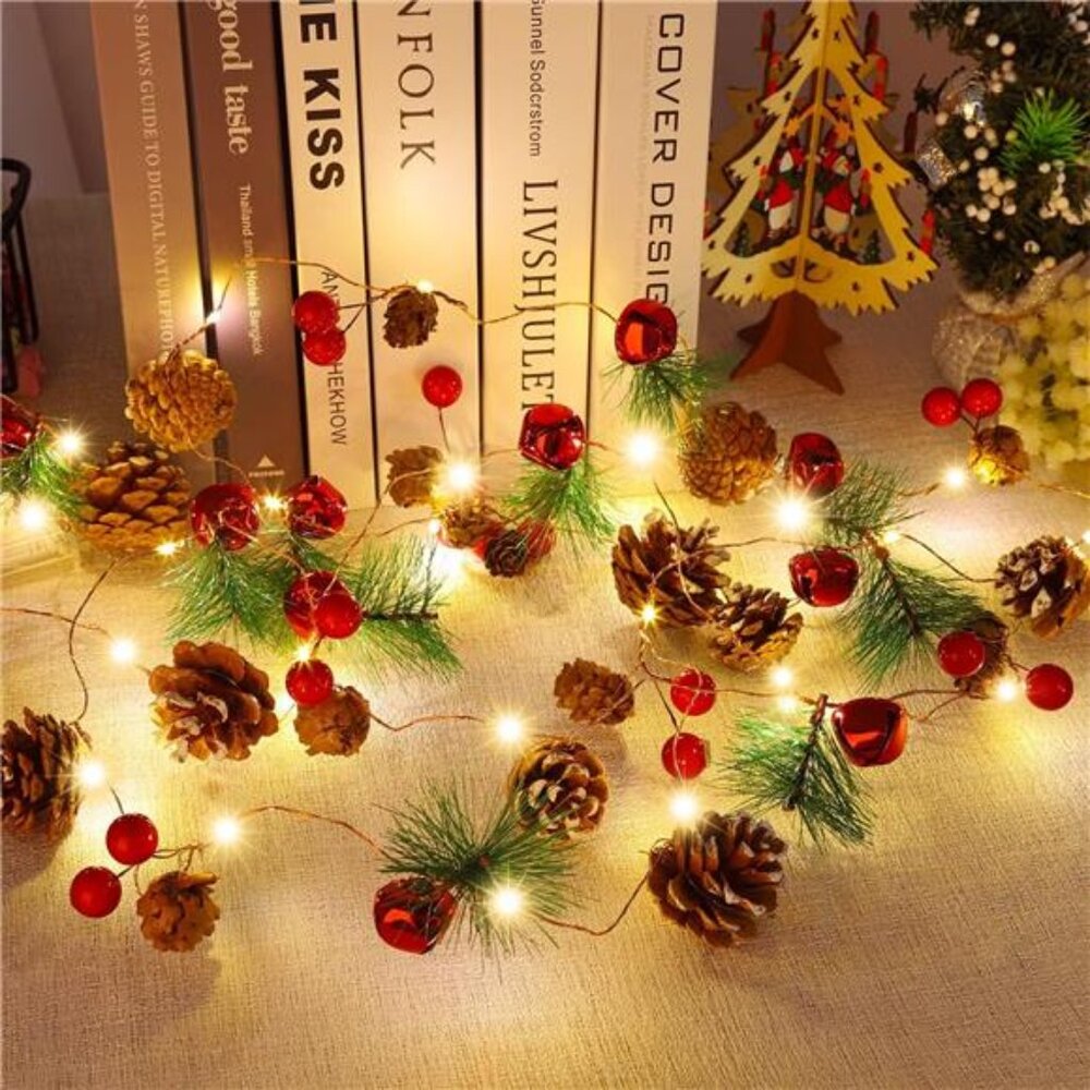 10ft Christmas Garland - LED Lights, Pine Cones, Berries & Bells